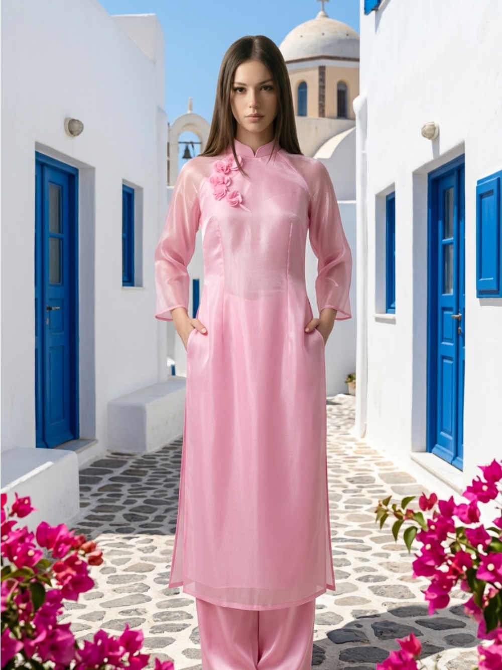 Elegant Light Pink Long Sleeve Tunic Dress with Floral Detail